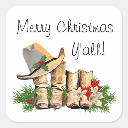 Merry Christmas Yall Country and Western Rustic Square Sticker