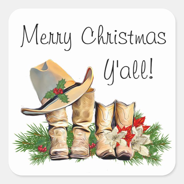 Merry Christmas Y'all Country and Western Rustic Square Sticker (Front)