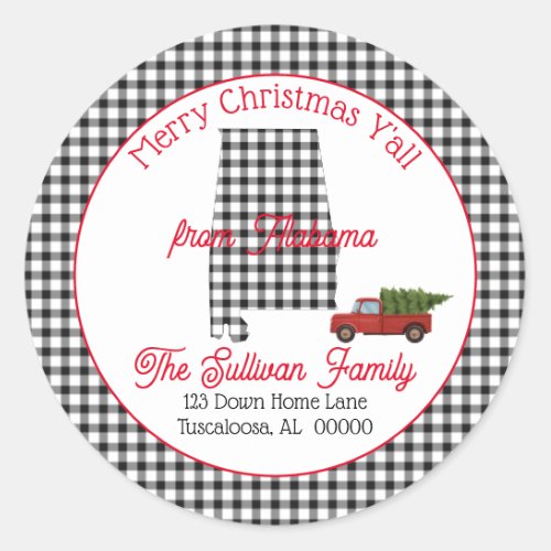 Merry Christmas Yall from Alabama Return Address Classic Round Sticker