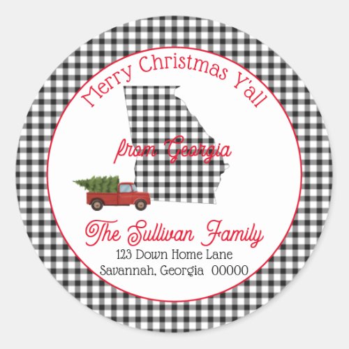 Merry Christmas Yall from Georgia Return Address Classic Round Sticker