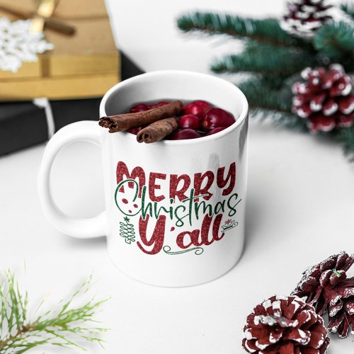 Merry Christmas YAll Glitter Script Name Coffee Mug