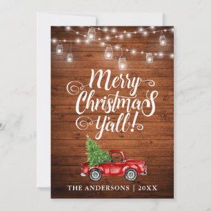 Merry Christmas Y'all Jar Lights Truck Wood Holiday Card