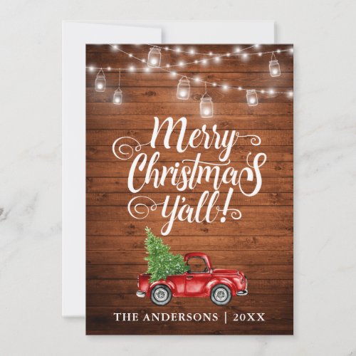 Merry Christmas Yall Jar Lights Truck Wood Holiday Card