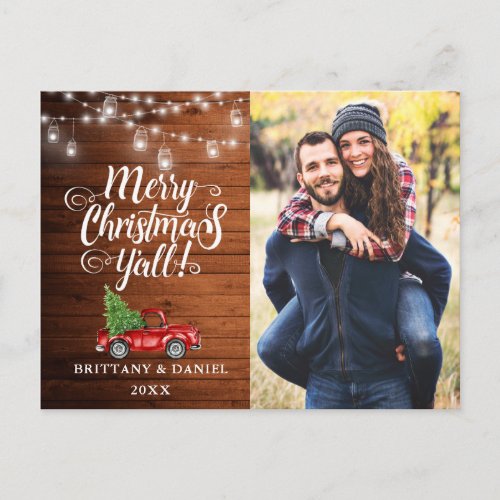 Merry Christmas Yall Jar Lights Truck Wood Photo Postcard