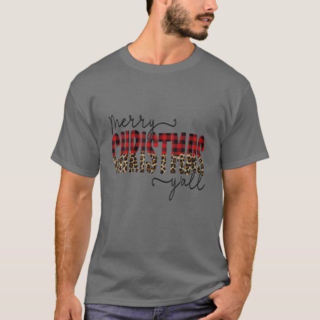 Merry Christmas Y'all Leopard Red Buffalo Plaid T-Shirt (Front)