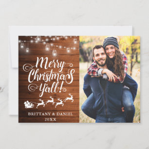 Merry Christmas Y'all Lights Wood Couple Photo Holiday Card