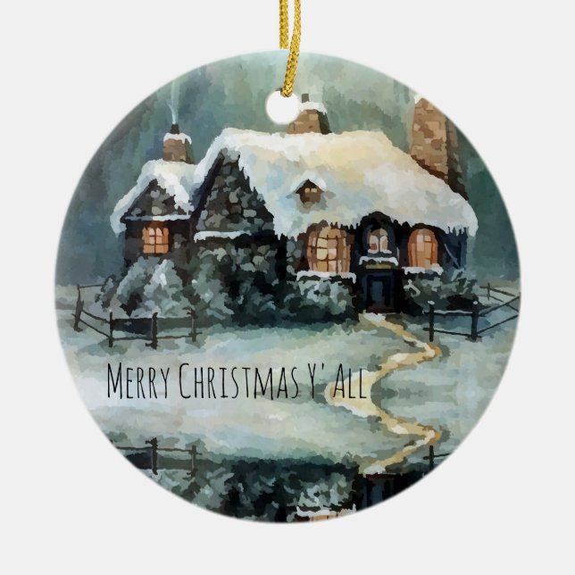 Merry Christmas Y'All Marvelous Winter Night   Ceramic Ornament (Front)