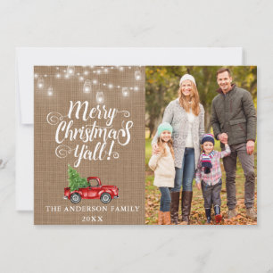 Merry Christmas Y'all Photo Lights Burlap Truck Holiday Card