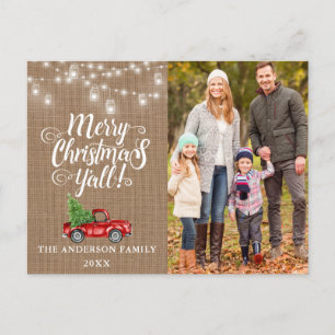 Merry Christmas Y'all  Photo Lights Burlap Truck Postcard