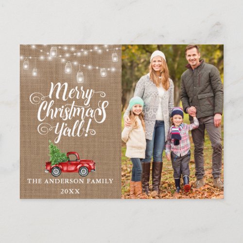 Merry Christmas Yall  Photo Lights Burlap Truck Postcard