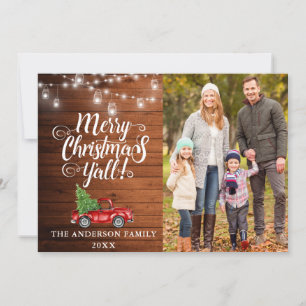 Merry Christmas Y'all Photo Lights Wood Truck Holiday Card