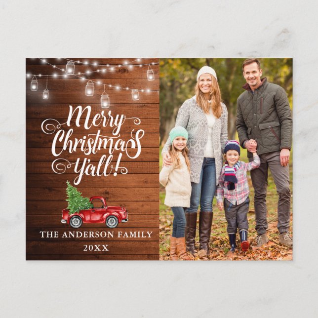 Merry Christmas Y'all  Photo Lights Wood Truck Postcard (Front)