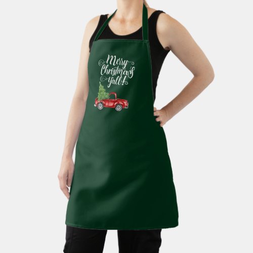 Merry Christmas Yall Red Truck Christmas Green Apron