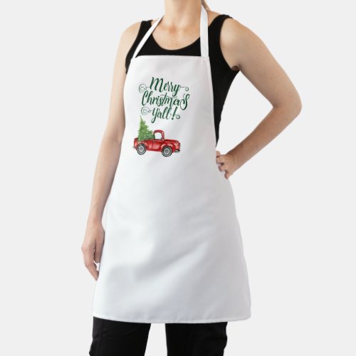 Merry Christmas Yall Red Truck Green Christmas Apron