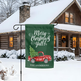 Merry Christmas Y'all Red Truck Tree Green Garden Flag