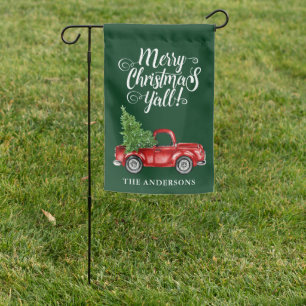 Merry Christmas Y'all Red Truck Tree Green Garden Flag
