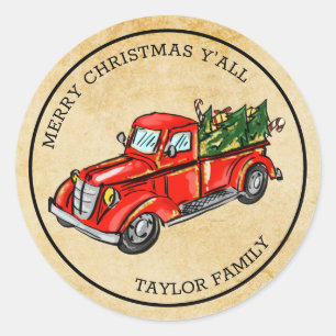 merry christmas y'all red truck vintage classic round sticker