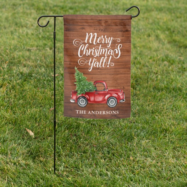 Merry Christmas Y'all Red Truck Wood Print Garden Flag (In SItu)