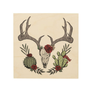 Merry Christmas Y'All Reindeer Skull and Cactus Wood Wall Art