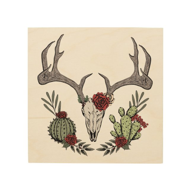 Merry Christmas Y'All Reindeer Skull and Cactus Wood Wall Art (Front)