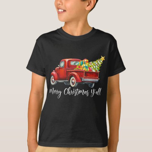 Merry Christmas Yall Retro Red Truck Christmas Bo T_Shirt