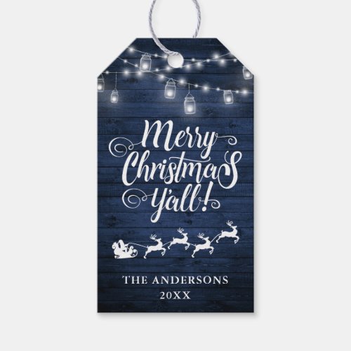 Merry Christmas Yall Rustic Blue Wood Jar Lights Gift Tags