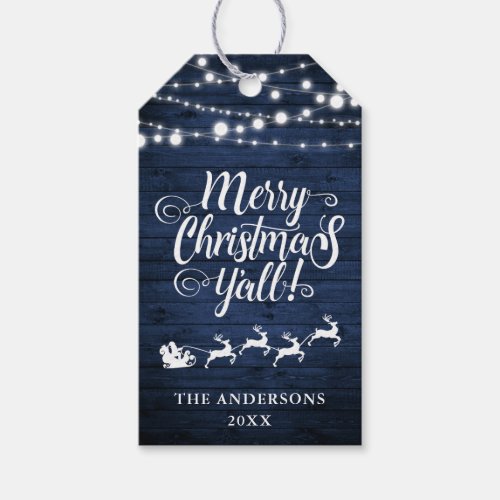 Merry Christmas Yall Rustic Blue Wood Lights Gift Tags