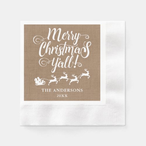 Merry Christmas Yall Rustic Burlap Cocktail Napkins