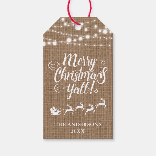 Merry Christmas Yall Rustic Burlap String Lights Gift Tags