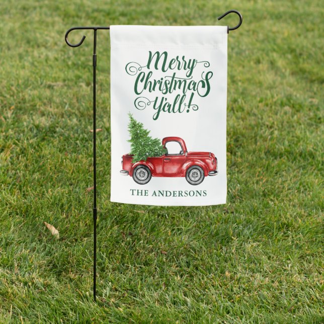 Merry Christmas Y'all Rustic Green Red Truck Tree Garden Flag (In SItu)