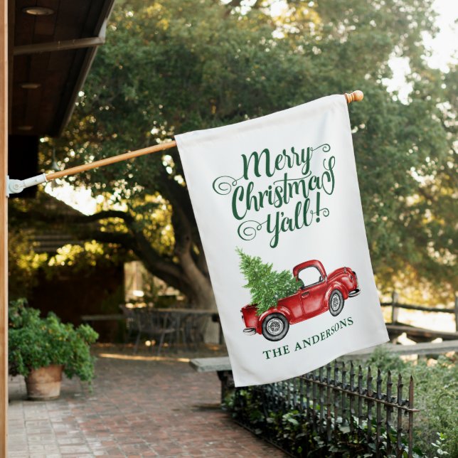 Merry Christmas Y'all Rustic Green Red Truck Tree House Flag (In SItu)