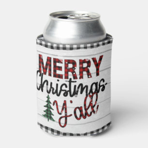 Merry Christmas Y'all Rustic Plaid Trees Holidays Can Cooler
