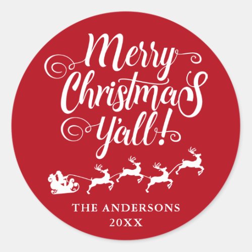 Merry Christmas Yall Rustic Red Classic Round Sticker