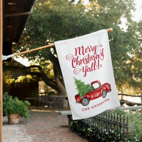 Merry Christmas Yall Rustic Red Truck Tree House Flag
