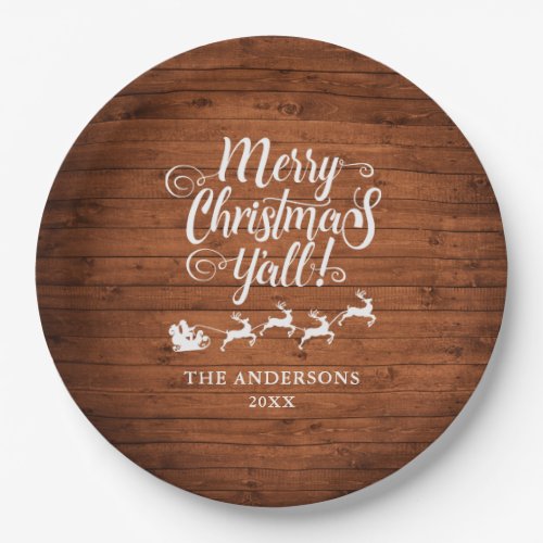 Merry Christmas Yall Rustic Wood 9 Paper Plates