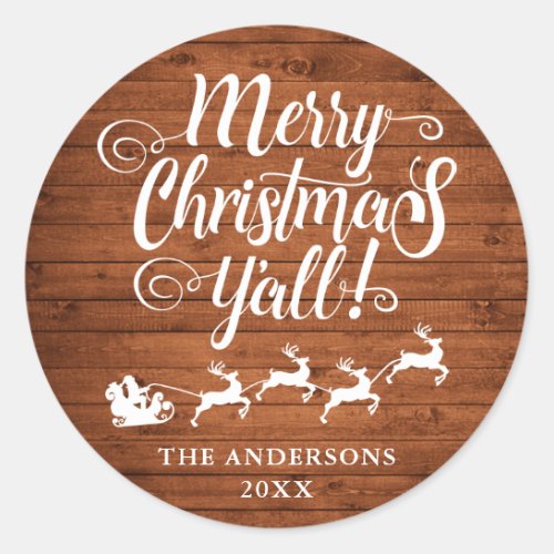 Merry Christmas Yall Rustic Wood Classic Round Sticker