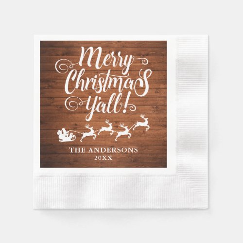 Merry Christmas Yall Rustic Wood Cocktail Napkins