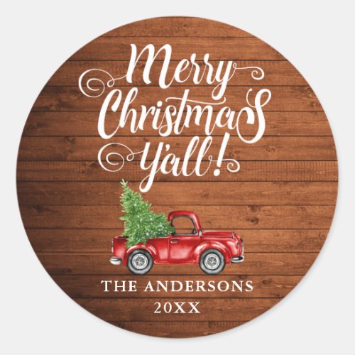 Merry Christmas Yall Rustic Wood Truck Classic Round Sticker