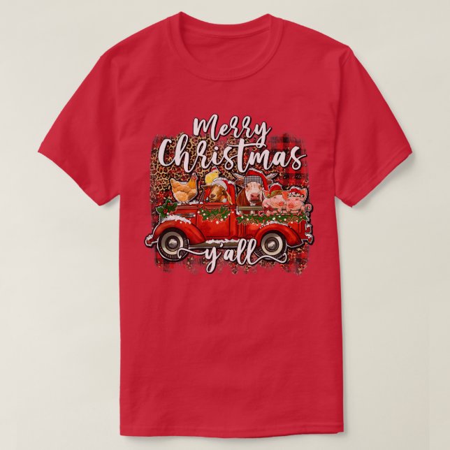 Merry Christmas Yall Santa Animals Farm Red Truck  T-Shirt (Design Front)