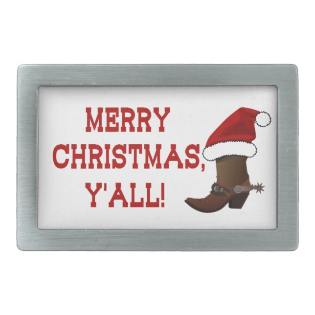 Merry Christmas Y'all - Santa Boot (White Back) Belt Buckle (Front)