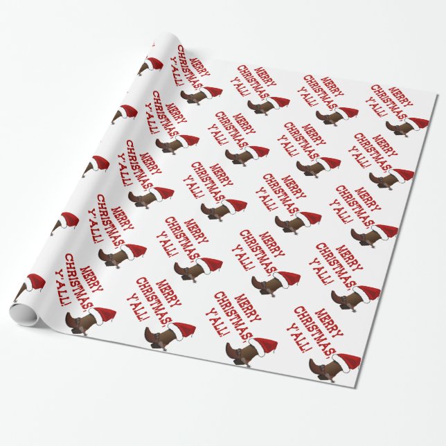 Merry Christmas Y'all - Santa Boot (White Back) Wrapping Paper (Unrolled)