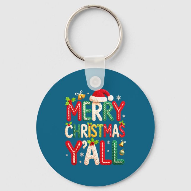 Merry Christmas Y'all Santa Crochet Knitting Quilt Keychain (Front)