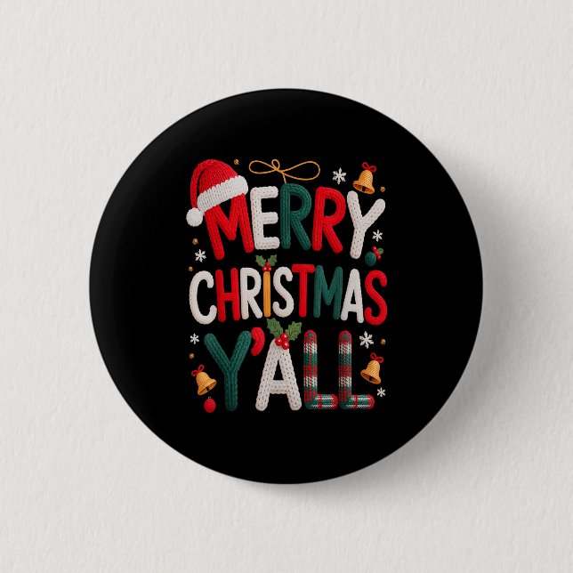 Merry Christmas Y'all Santa Hat Crochet Knitting Q Button (Front)