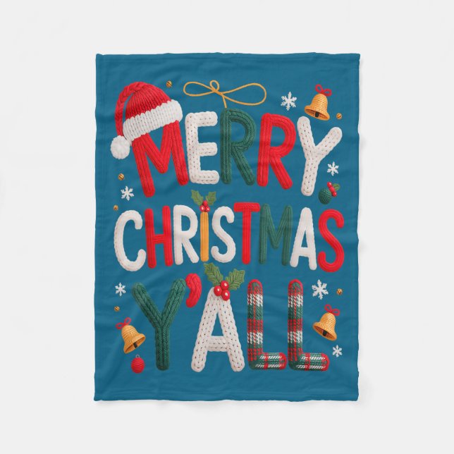 Merry Christmas Y'all Santa Hat Crochet Knitting Q Fleece Blanket (Front)