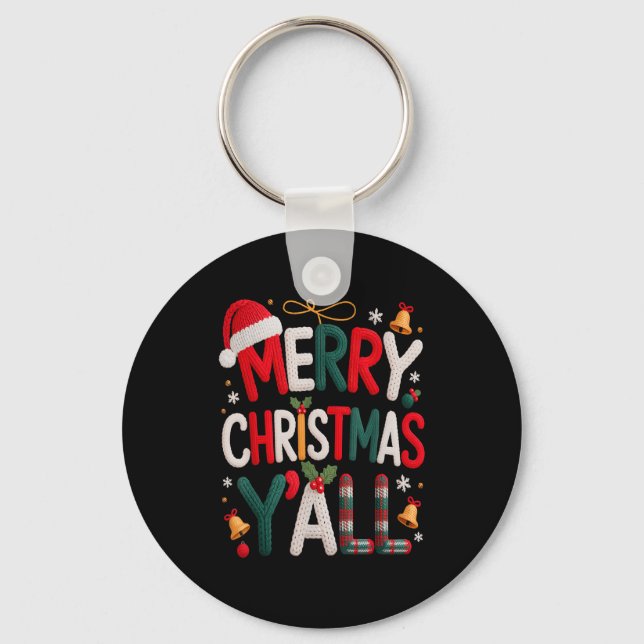 Merry Christmas Y'all Santa Hat Crochet Knitting Q Keychain (Front)
