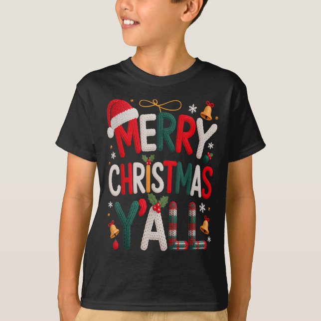 Merry Christmas Y'all Santa Hat Crochet Knitting Q T-Shirt (Front)