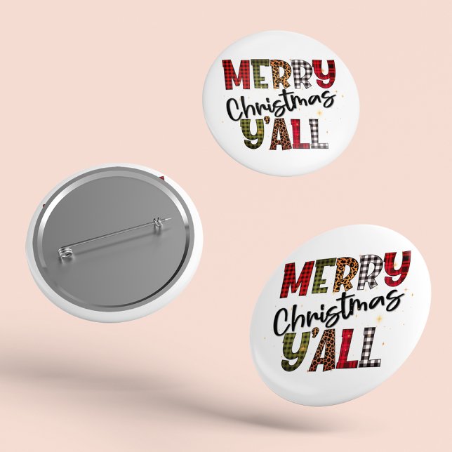 Merry Christmas Y'all Tartan Leopard Print Modern Button (Creator Uploaded)