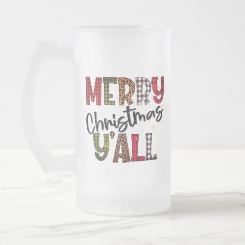 Merry Christmas Yall Tartan Leopard Print Modern Frosted Glass Beer Mug