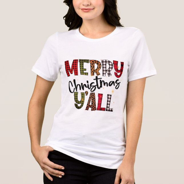 Merry Christmas Y'all Tartan Leopard Print Modern Tri-Blend Shirt (Front)