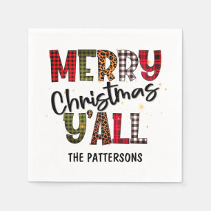 Merry Christmas Y'all Tartan Leopard Print Name Napkins
